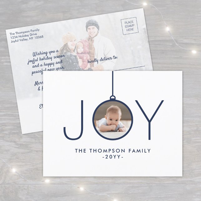 2 Photo Modern Minimalist Navy Blue White Joy Holiday Postcard (Creator Uploaded)