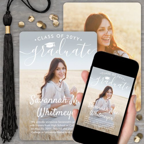 2 Photo Modern Overlay White Script Graduation Announcement