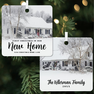 2 Photo Modern Script First Christmas New Home Metal Ornament