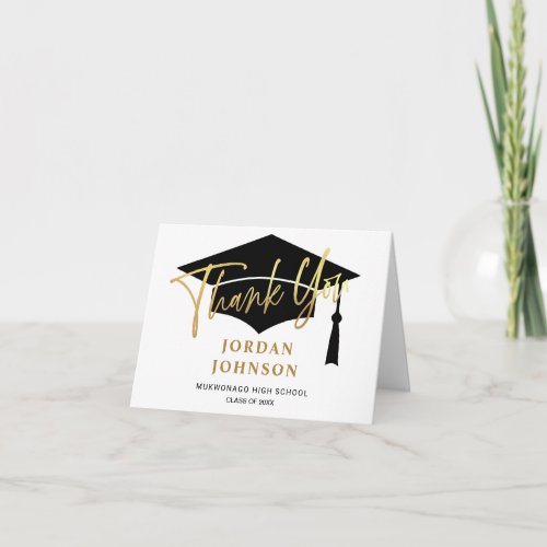 2 PHOTO Modern Simple Minimalist Golden Graduation Thank You Card