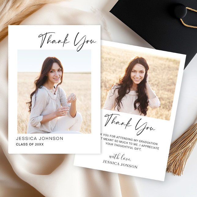2 PHOTO Modern Simple Minimalist Graduation  Thank You Card (Creator Uploaded)