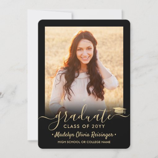 2 Photo Modern Simple Script Black Gold Graduation Announcement | Zazzle