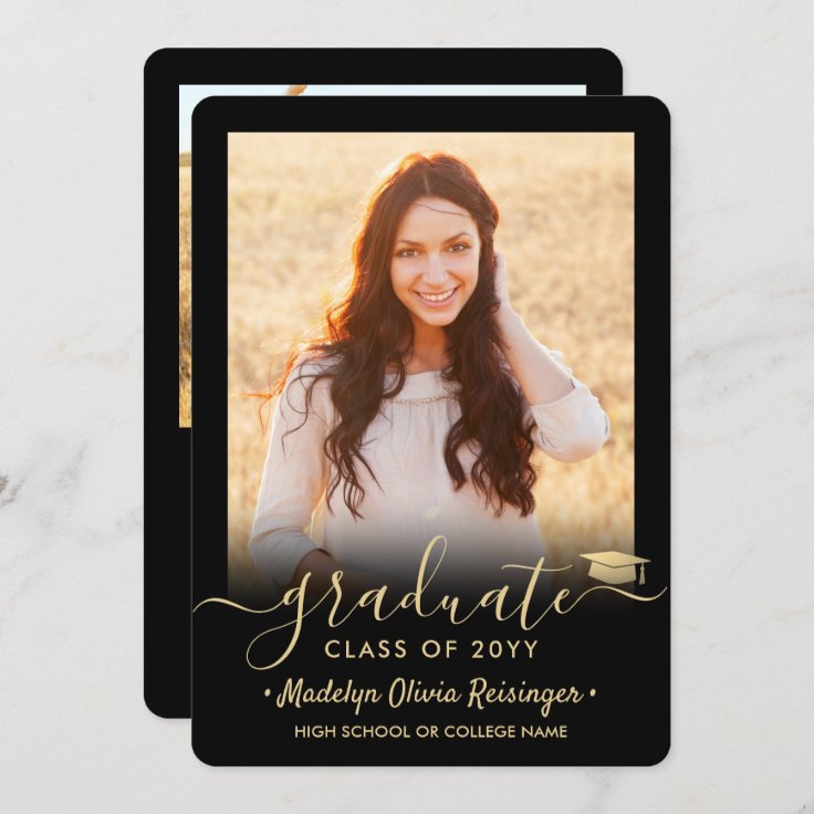 2 Photo Modern Simple Script Black Gold Graduation Announcement | Zazzle