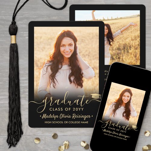 2 Photo Modern Simple Script Black Gold Graduation Announcement