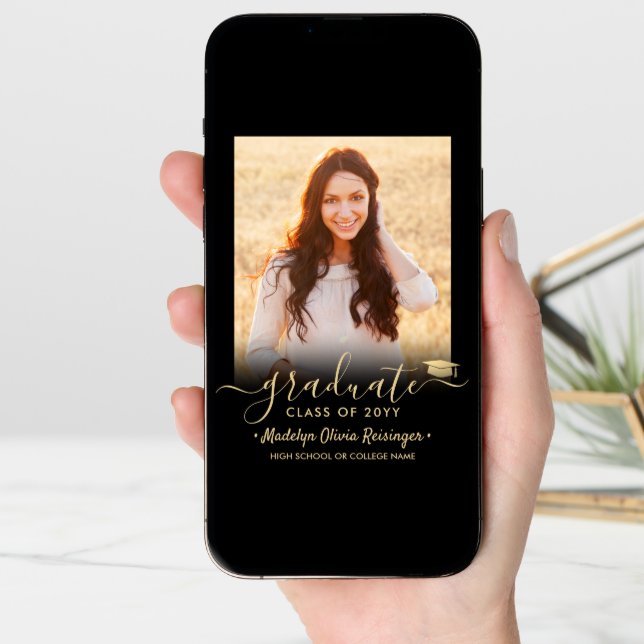 2 Photo Modern Simple Script Black Gold Graduation Announcement (Front Digital)