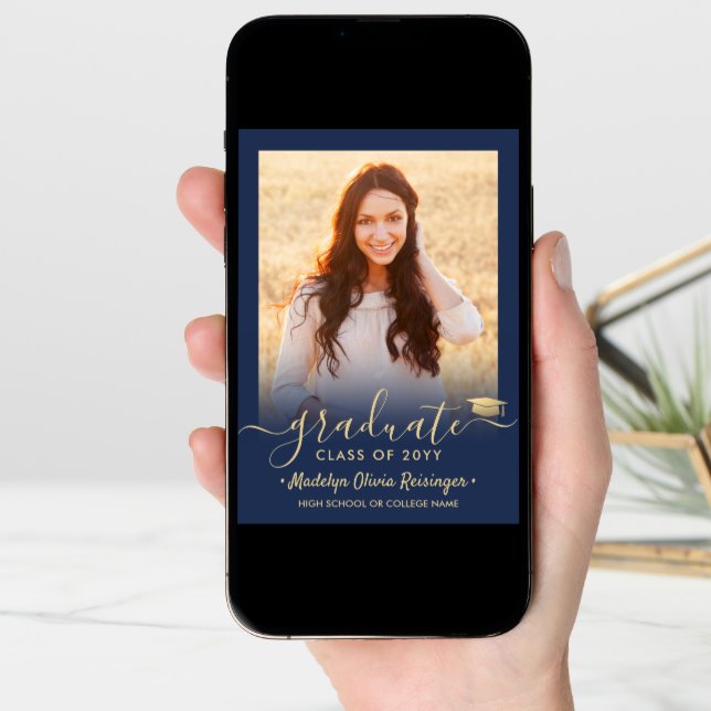 2 Photo Modern Simple Script Navy Gold Graduation Announcement (Front Digital)