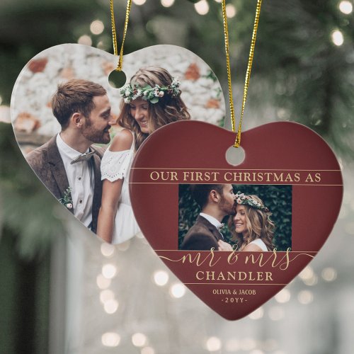 2 Photo Mr  Mrs 1st Christmas Burgundy Gold Heart Ceramic Ornament