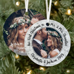 2 Photo Mr & Mrs 1st Christmas Elegant Faux Marble Metal Ornament<br><div class="desc">Celebrate a joyful 1st holiday as a married couple with a custom 2 photo "Our First Christmas as Mr. & Mrs." round metal faux marble ornament. All text and images on this template are simple to personalize. (IMAGE & TEXT DESIGN TIPS: 1) To adjust position of wording, add spaces at...</div>