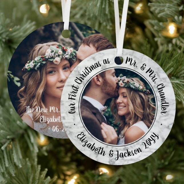 2 Photo Mr & Mrs 1st Christmas Elegant Faux Marble Metal Ornament (Creator Uploaded)