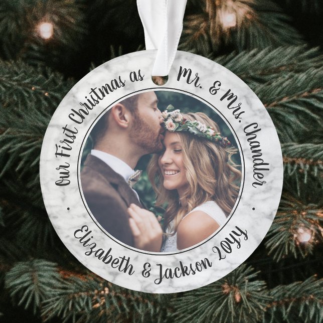 2 Photo Mr & Mrs 1st Christmas Elegant Faux Marble Ornament (Creator Uploaded)
