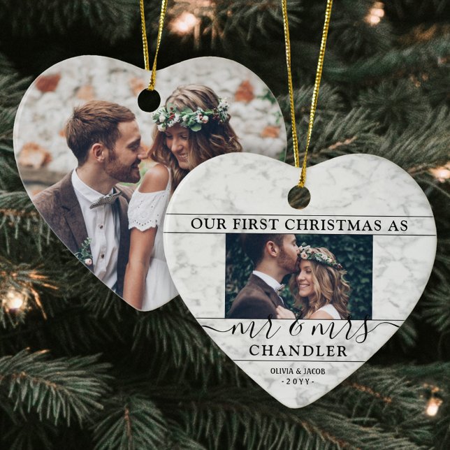 2 Photo Mr & Mrs 1st Christmas Faux Marble Heart Ceramic Ornament (Creator Uploaded)