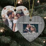 2 Photo Mr & Mrs 1st Christmas Faux Wood Heart Ceramic Ornament<br><div class="desc">Celebrate a joyful 1st holiday as a married couple with a custom 2 photo "Our First Christmas as Mr. & Mrs." heart-shaped ceramic ornament. All text and images on this template are simple to personalize. (IMAGE PLACEMENT TIP: An easy way to center a photo exactly how you want is to...</div>