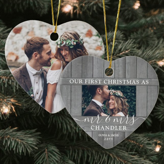 2 Photo Mr & Mrs 1st Christmas Faux Wood Heart Ceramic Ornament (Creator Uploaded)