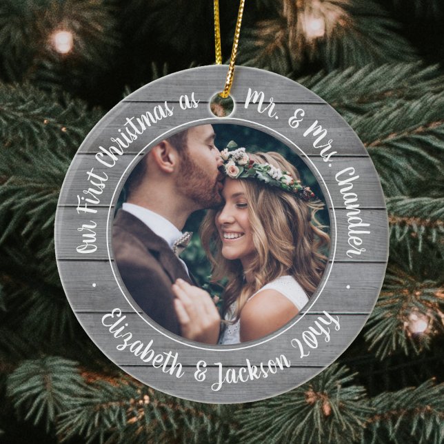 2 Photo Mr & Mrs 1st Christmas Gray Faux Wood Ceramic Ornament (Creator Uploaded)