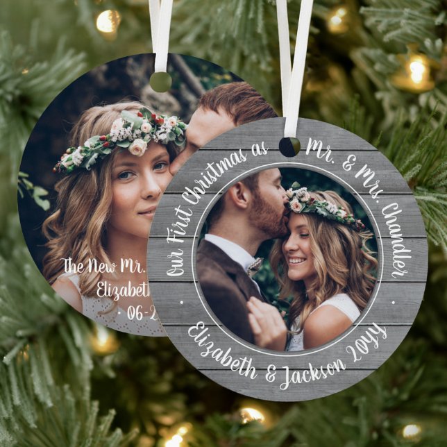 2 Photo Mr & Mrs 1st Christmas Gray Faux Wood Metal Ornament (Creator Uploaded)