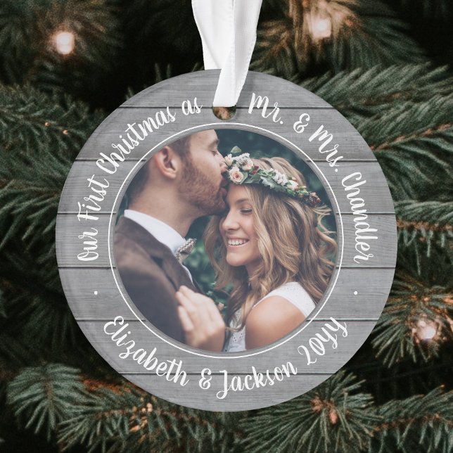 2 Photo Mr & Mrs 1st Christmas Gray Faux Wood Ornament (Creator Uploaded)