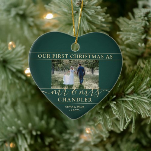 2 Photo Mr  Mrs 1st Christmas Green  Gold Heart Ceramic Ornament