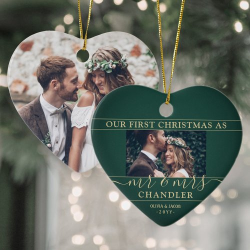 2 Photo Mr  Mrs 1st Christmas Green  Gold Heart Ceramic Ornament