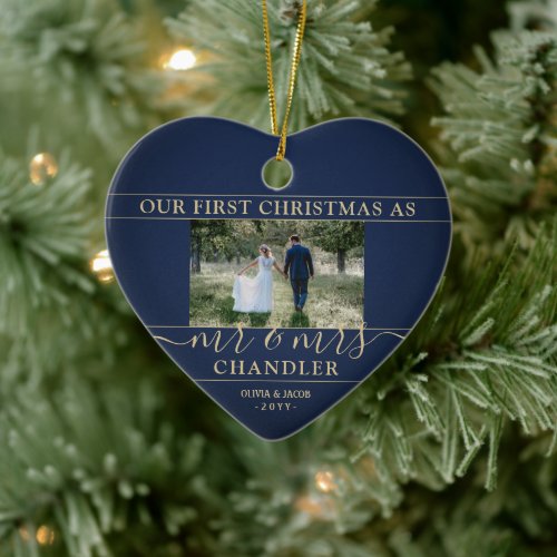 2 Photo Mr  Mrs 1st Christmas Navy and Gold Heart Ceramic Ornament