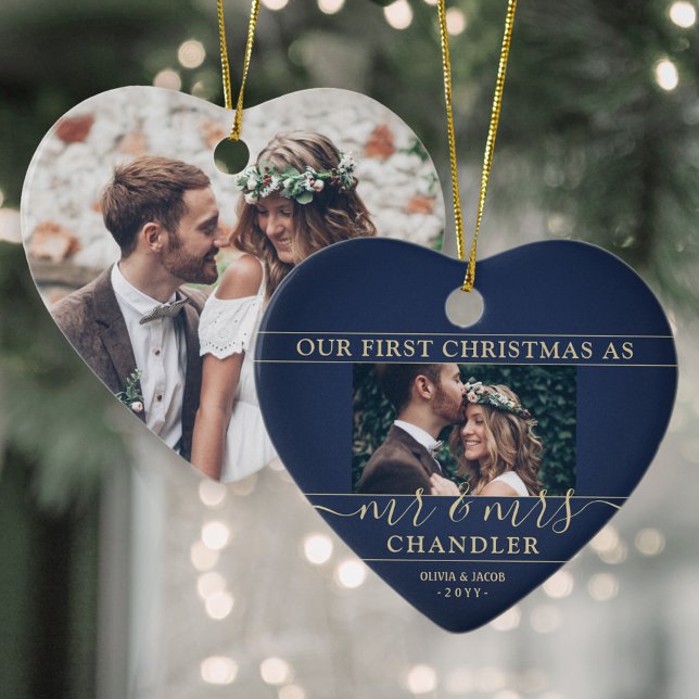 2 Photo Mr & Mrs 1st Christmas Navy and Gold Heart Ceramic Ornament (Creator Uploaded)