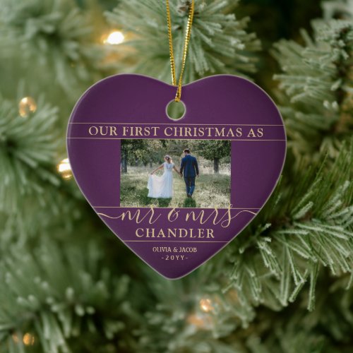 2 Photo Mr  Mrs 1st Christmas Plum Purple Heart Ceramic Ornament