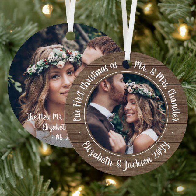 2 Photo Mr & Mrs 1st Christmas Rustic Faux Wood Metal Ornament (Creator Uploaded)