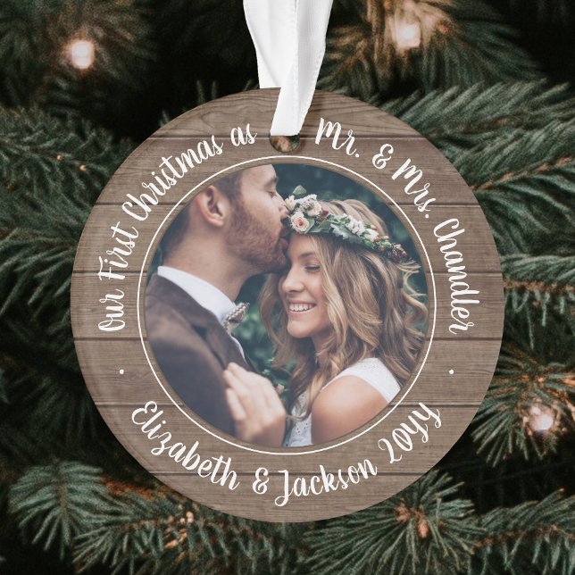 2 Photo Mr & Mrs 1st Christmas Rustic Faux Wood Ornament (Creator Uploaded)