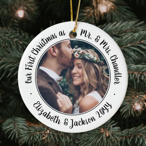 2 Photo Mr &amp; Mrs 1st Christmas Script Black White Ceramic Ornament