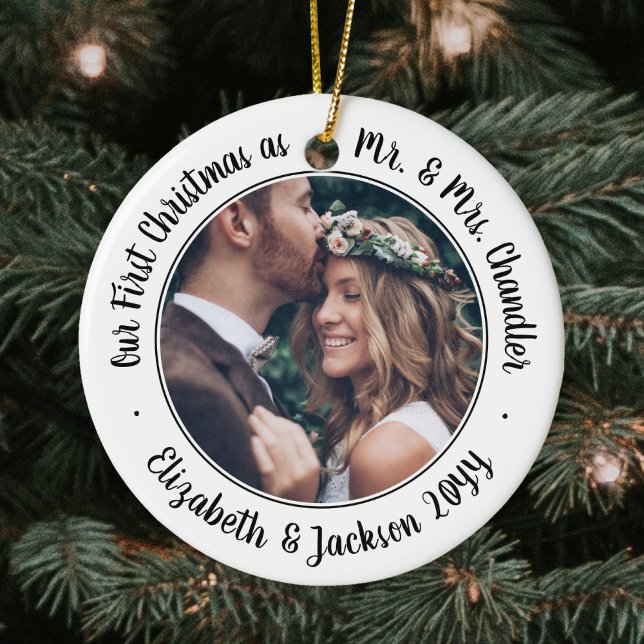 2 Photo Mr & Mrs 1st Christmas Script Black White Ceramic Ornament (Creator Uploaded)