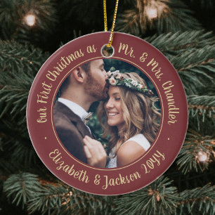 2 Photo Mr & Mrs 1st Christmas Script Burgundy Ceramic Ornament