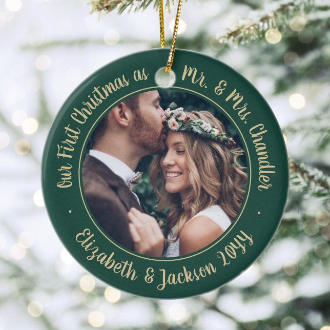 2 Photo Mr & Mrs 1st Christmas Script Green & Gold Ceramic Ornament (Creator Uploaded)