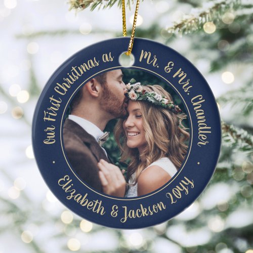 2 Photo Mr  Mrs 1st Christmas Script Navy  Gold Ceramic Ornament