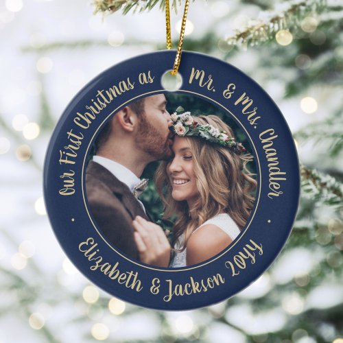 2 Photo Mr &amp; Mrs 1st Christmas Script Navy &amp; Gold Ceramic Ornament