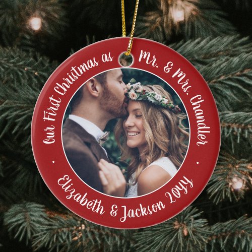 2 Photo Mr  Mrs 1st Christmas Script Red  White Ceramic Ornament