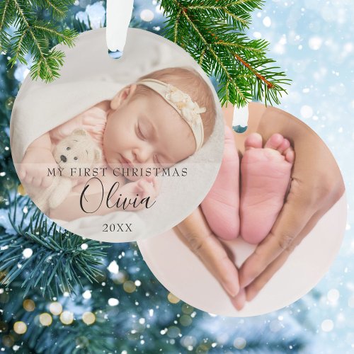 2 Photo My First Christmas Baby Script Name Ornament