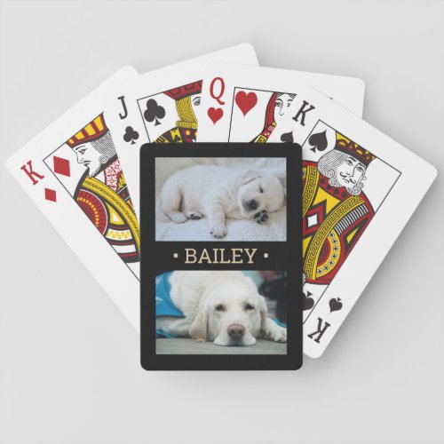 2 Photo Name Pet  Family Pictures Black and Gold Playing Cards