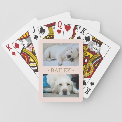 2 Photo Name Pet  Family Pictures Blush Pink Gold Playing Cards