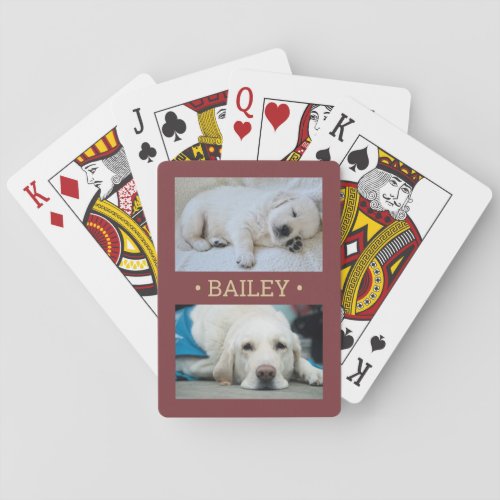 2 Photo Name Pet  Family Pictures Burgundy  Gold Poker Cards