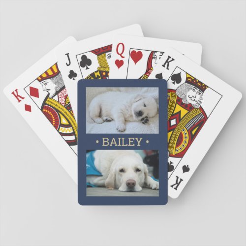 2 Photo Name Pet  Family Pictures Navy Blue Gold Poker Cards