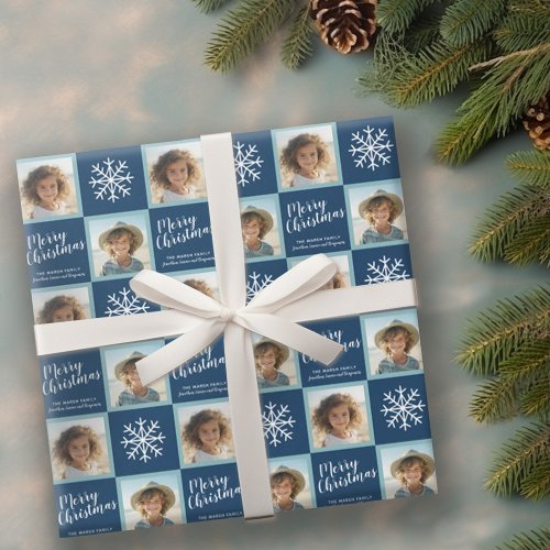 2 Photo _ Navy Blue Merry Christmas Snowflakes Wrapping Paper