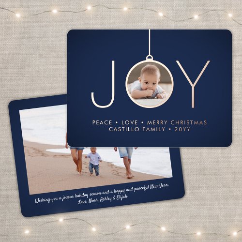 2 Photo Navy Blue Modern Joy Christmas Ornament Foil Holiday Card