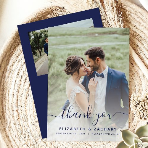 2_Photo Navy Blue Script Wedding Thank You Card