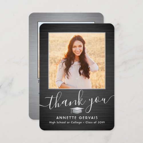 2 Photo New Addresd Brushed Black White Graduation Thank You Card