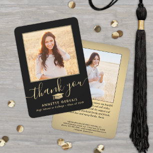 2 Photo New Address Black & Gold Script Graduation Thank You Card