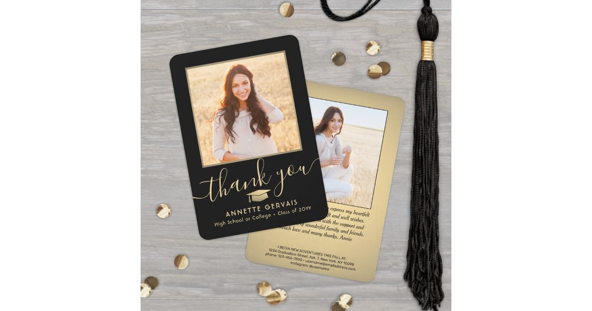 2 Photo New Address Black & Gold Script Graduation Thank You Card | Zazzle