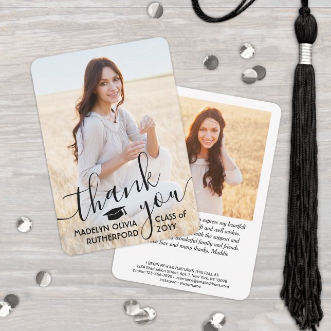 2 Photo New Address Black Typography Graduation Thank You Card (Creator Uploaded)
