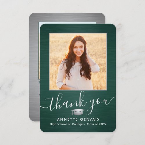 2 Photo New Address Brushed Green White Graduation Thank You Card