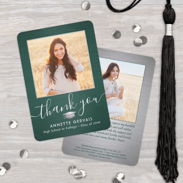 2 Photo New Address Brushed Green White Graduation Thank You Card (Creator Uploaded)