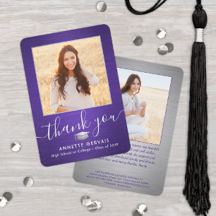 2 Photo New Address Brushed Purple Graduation Thank You Card