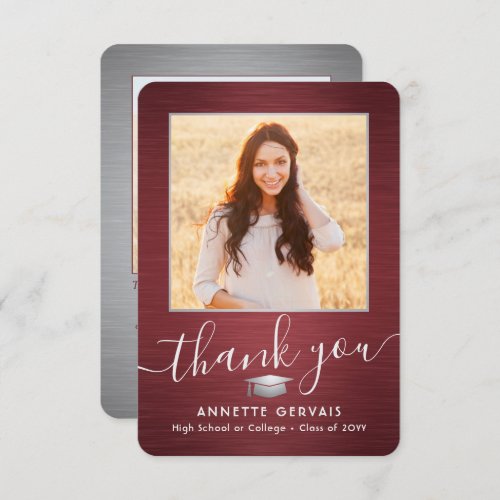 2 Photo New Address Brushed Red Gray Graduation Thank You Card